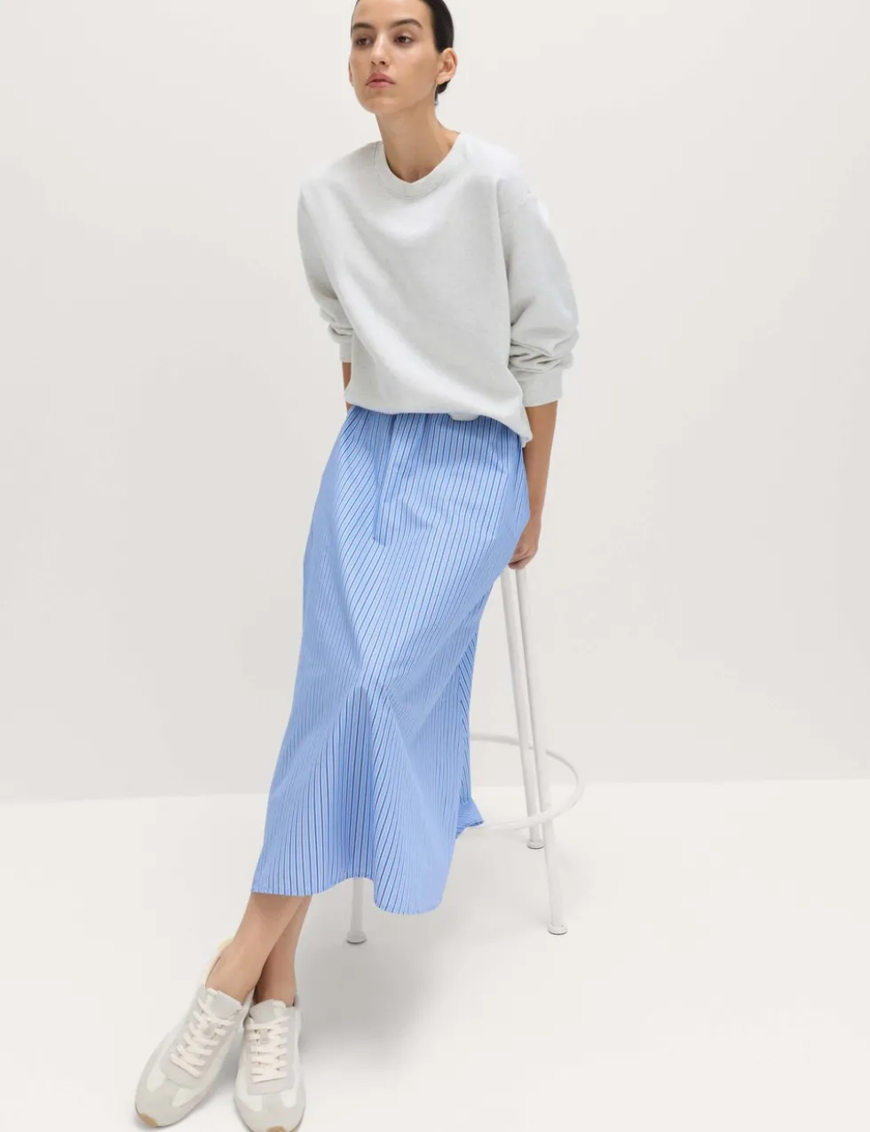 Pure Cotton Poplin Striped Pleated Midi Skirt