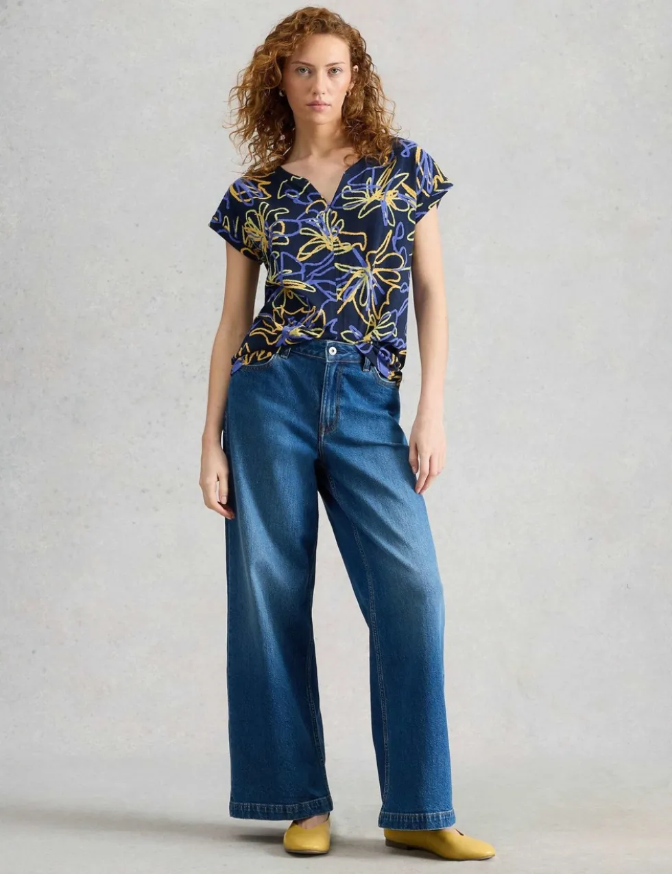Pure Cotton Print Notch Neck T-Shirt