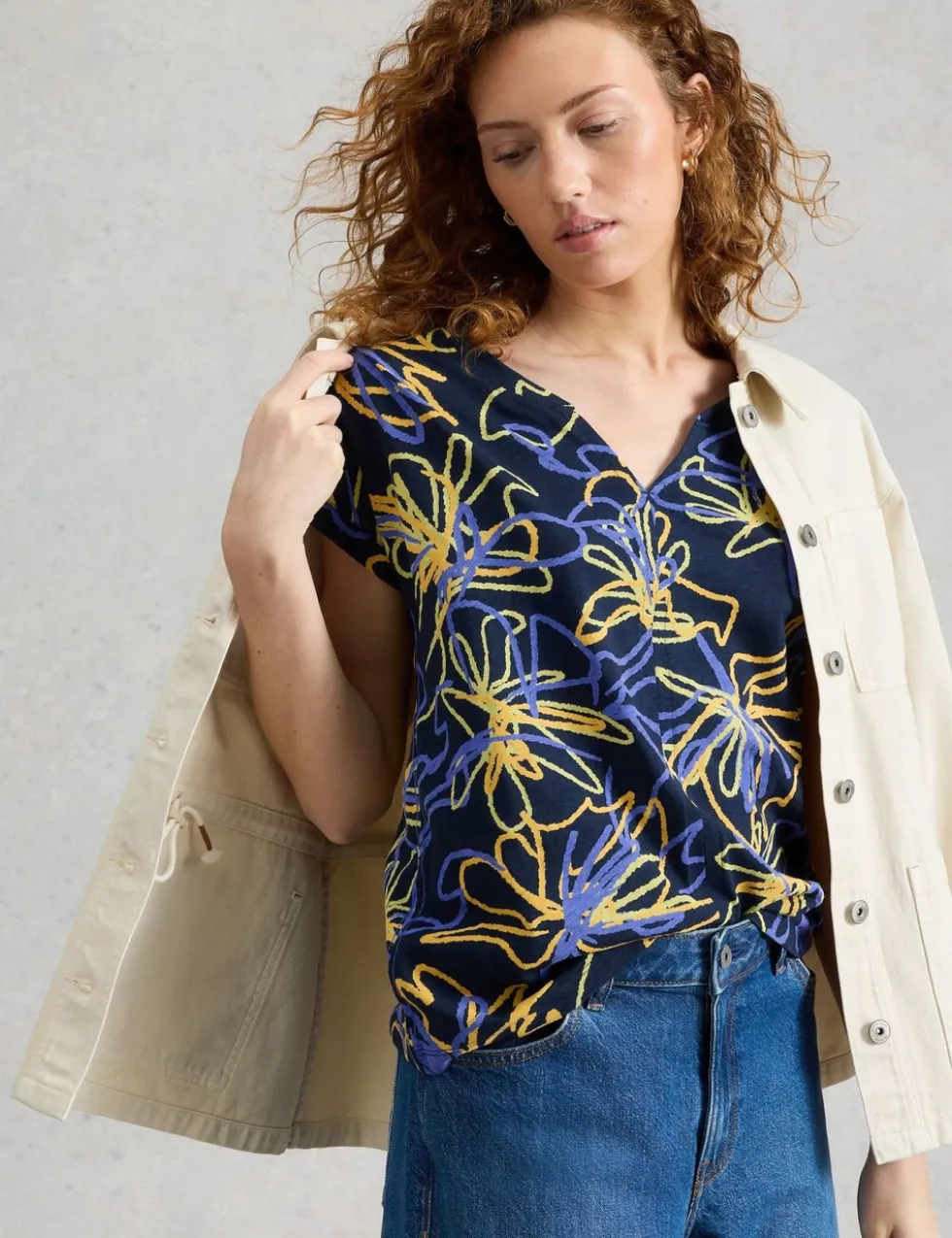Pure Cotton Print Notch Neck T-Shirt