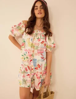 Pure Cotton Printed Bardot Mini Beach Dress
