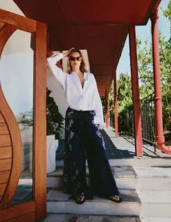 Pure Cotton Printed Drawstring Wide Leg Beach Trousers