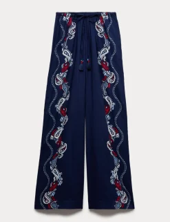 Pure Cotton Printed Drawstring Wide Leg Beach Trousers