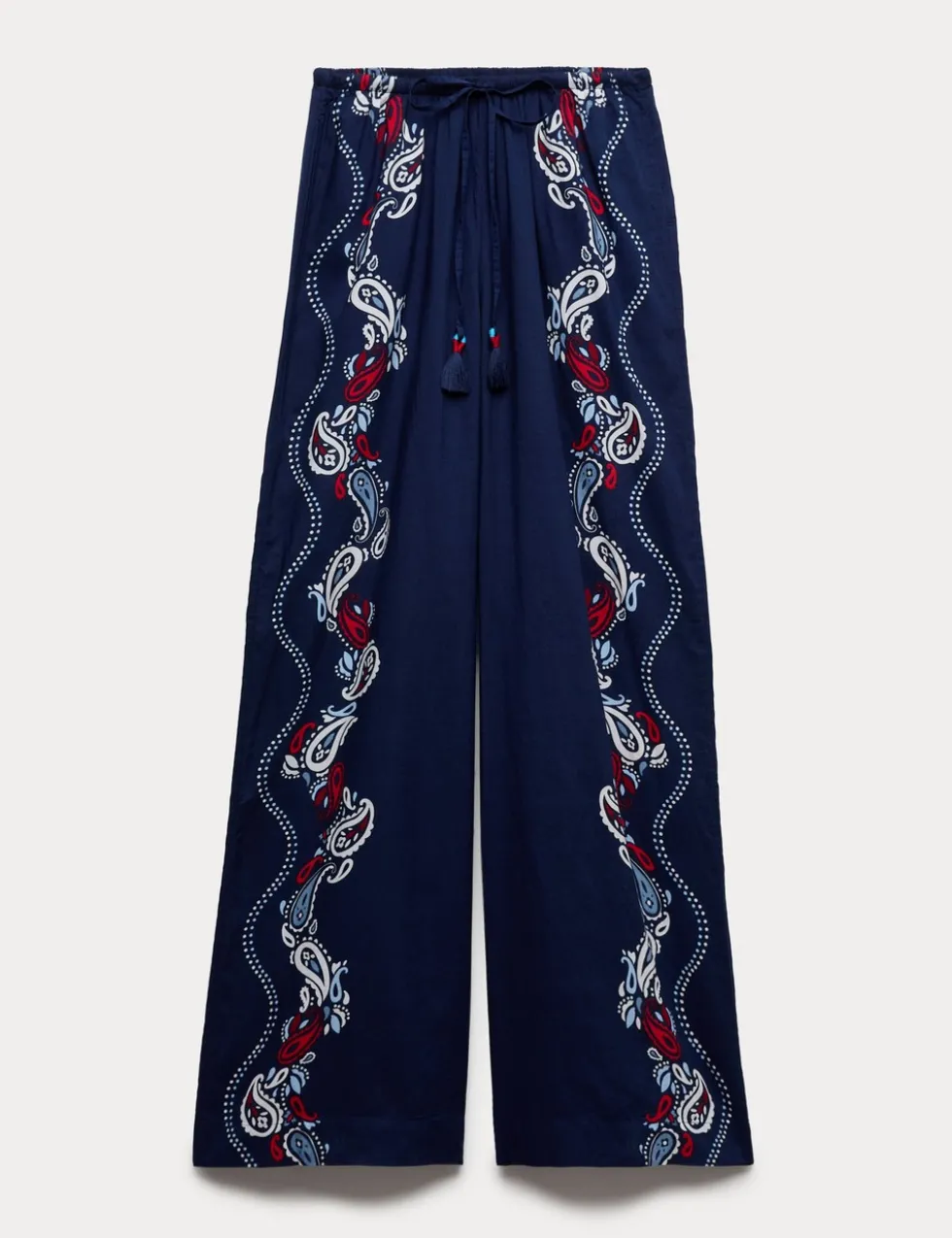 Pure Cotton Printed Drawstring Wide Leg Beach Trousers