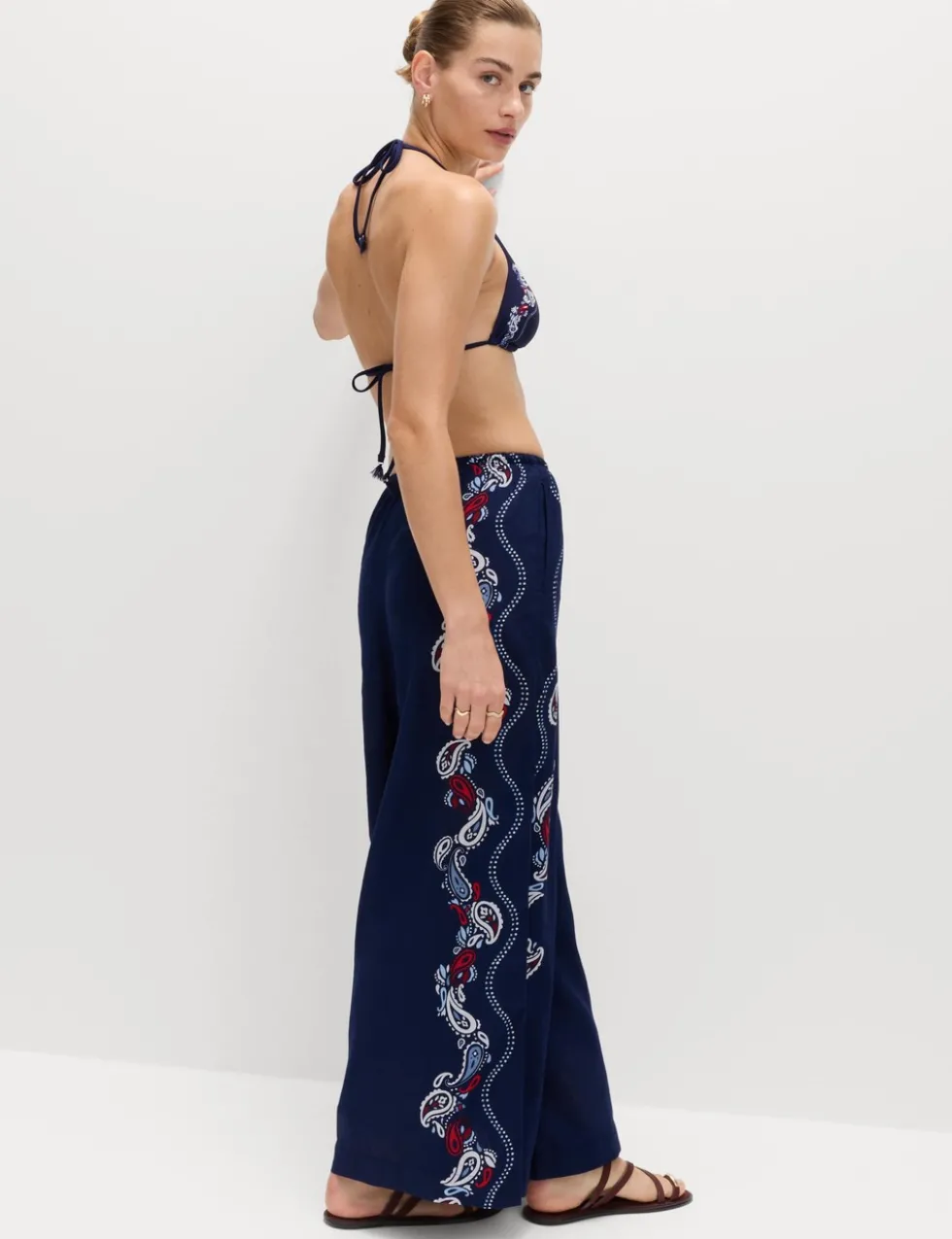 Pure Cotton Printed Drawstring Wide Leg Beach Trousers