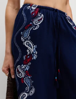 Pure Cotton Printed Drawstring Wide Leg Beach Trousers