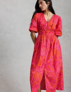Pure Cotton Printed Midaxi Waisted Dress