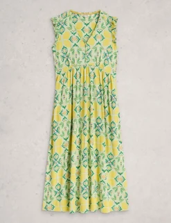 Pure Cotton Printed Midaxi Waisted Dress