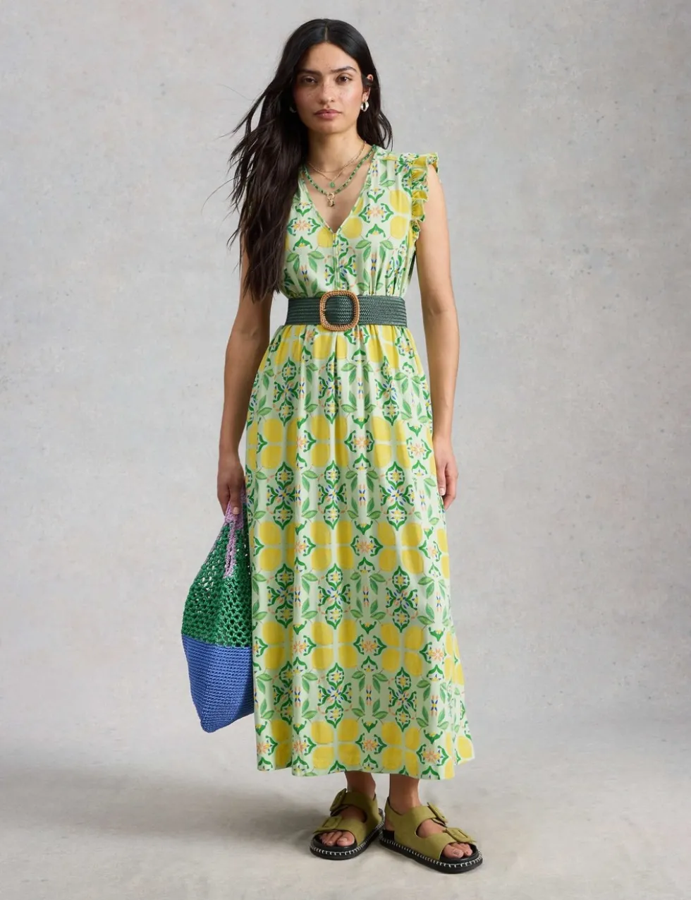 Pure Cotton Printed Midaxi Waisted Dress