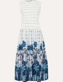 Pure Cotton Printed Midi Shirred Dress