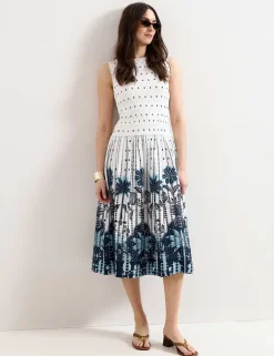Pure Cotton Printed Midi Shirred Dress