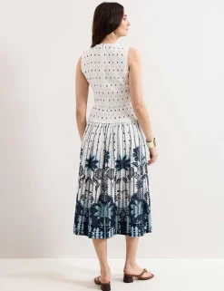 Pure Cotton Printed Midi Shirred Dress