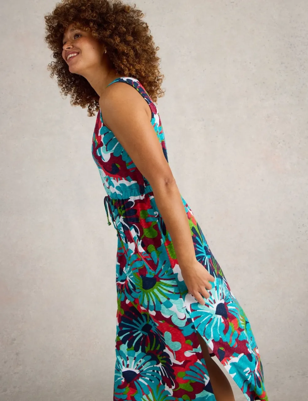 Pure Cotton Printed V-Neck Midi Beach Dress