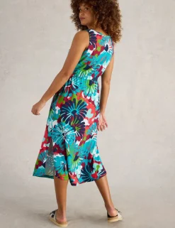 Pure Cotton Printed V-Neck Midi Beach Dress