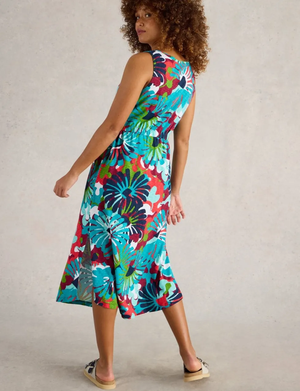 Pure Cotton Printed V-Neck Midi Beach Dress