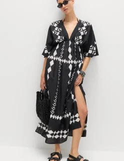 Pure Cotton Printed V-Neck Sheer Kaftan