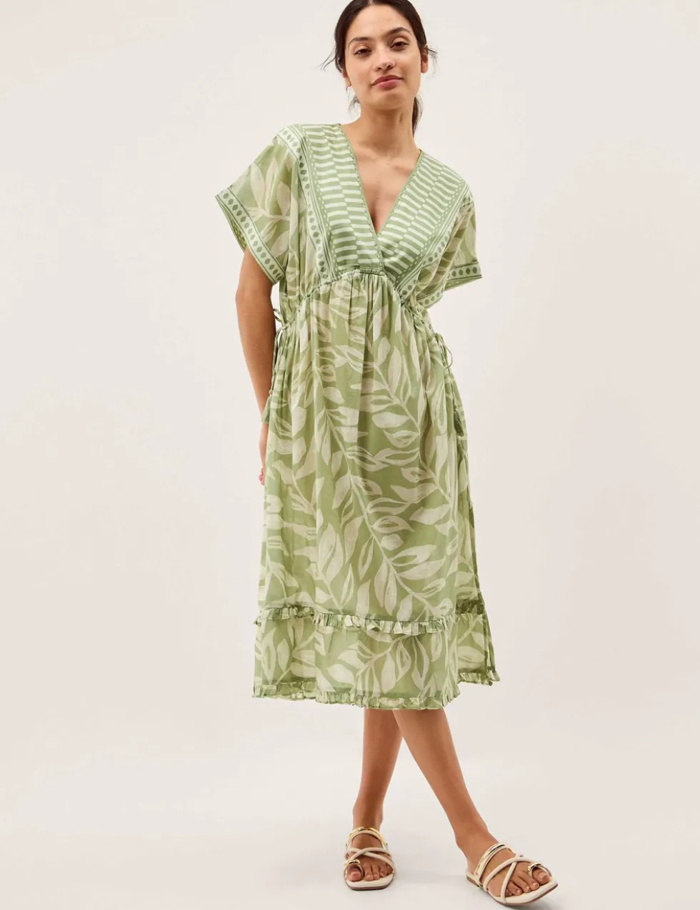 Pure Cotton Printed V-Neck Midi Beach Dress