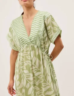Pure Cotton Printed V-Neck Midi Beach Dress