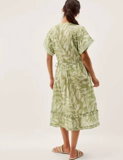 Pure Cotton Printed V-Neck Midi Beach Dress