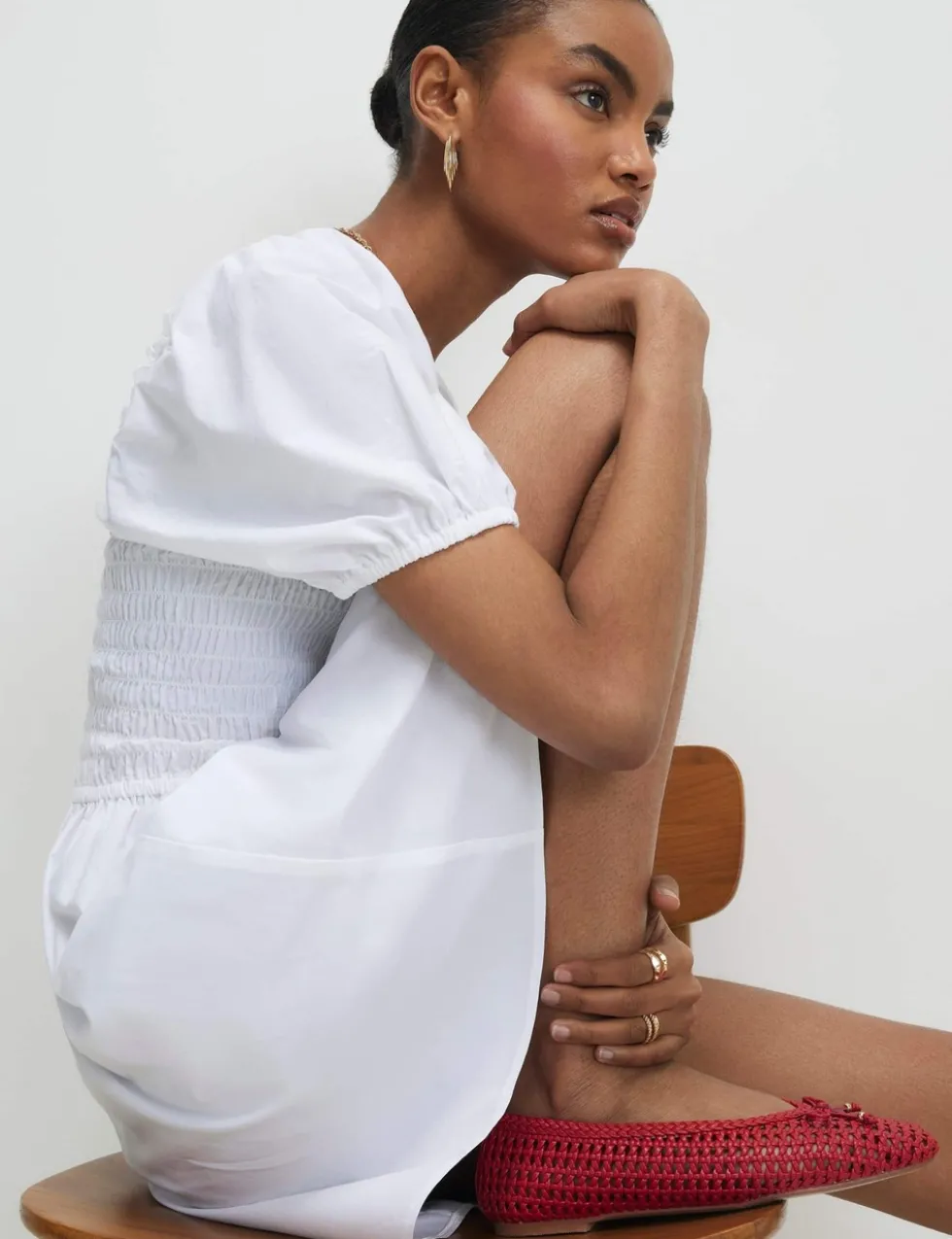 Pure Cotton Puff Sleeve Mini Shirred Dress