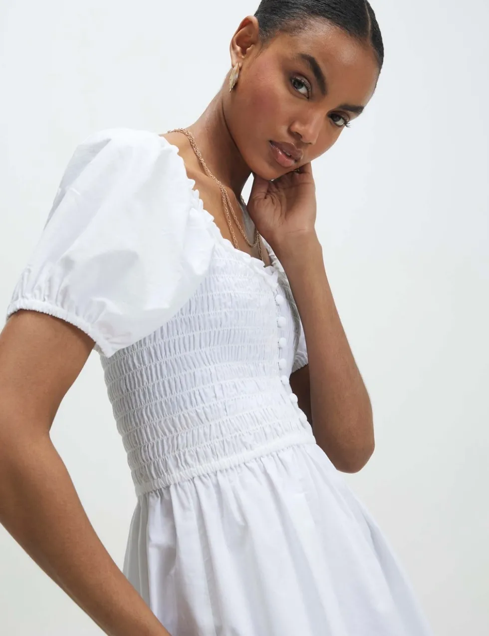Pure Cotton Puff Sleeve Mini Shirred Dress