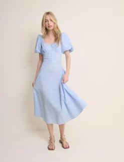 Pure Cotton Puff Sleeve Midi Tea Dress