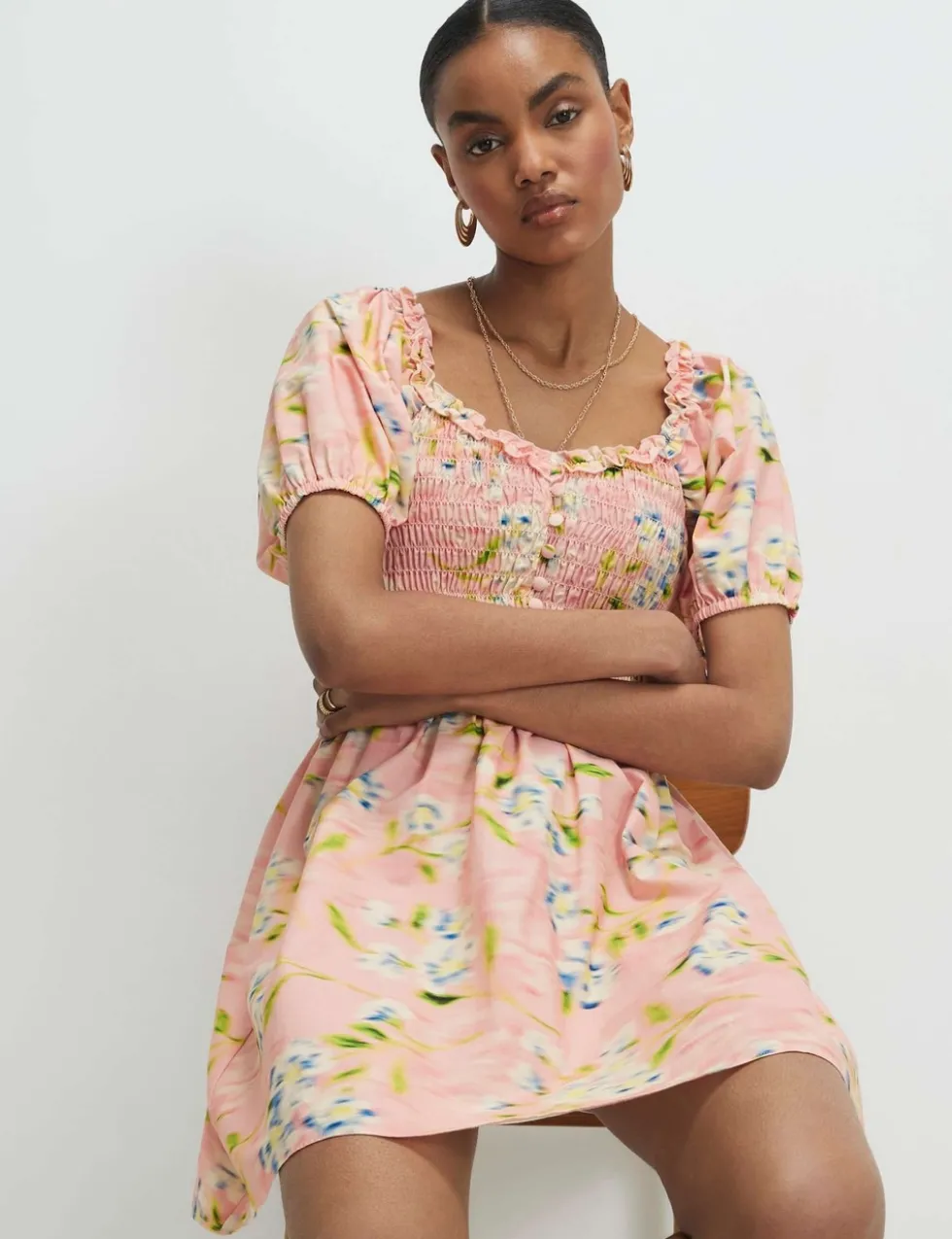 Pure Cotton Puff Sleeve Shirred Mini Dress