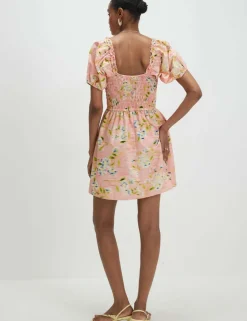 Pure Cotton Puff Sleeve Shirred Mini Dress