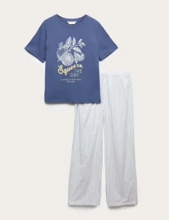 Pure Cotton Pyjama Set With Woven Bottoms