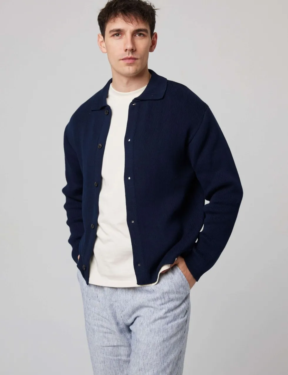 Pure Cotton Ribbed Collared Neck Cardigan