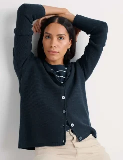 Pure Cotton Ribbed Crew Neck Cardigan