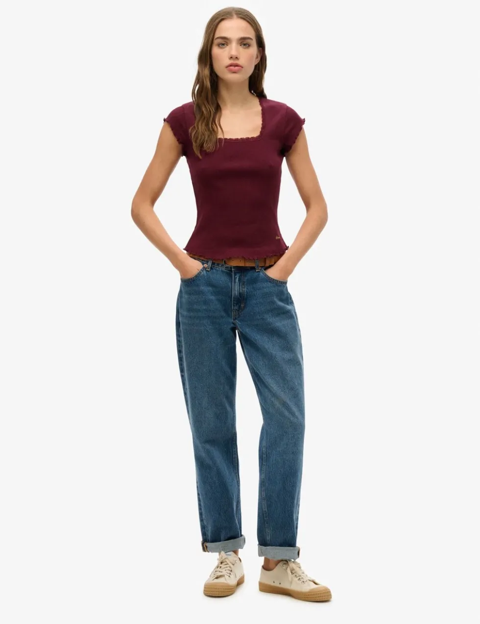 Pure Cotton Ribbed Square Neck T-Shirt