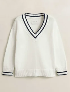 Pure Cotton Ribbed V-Neck Jumper
