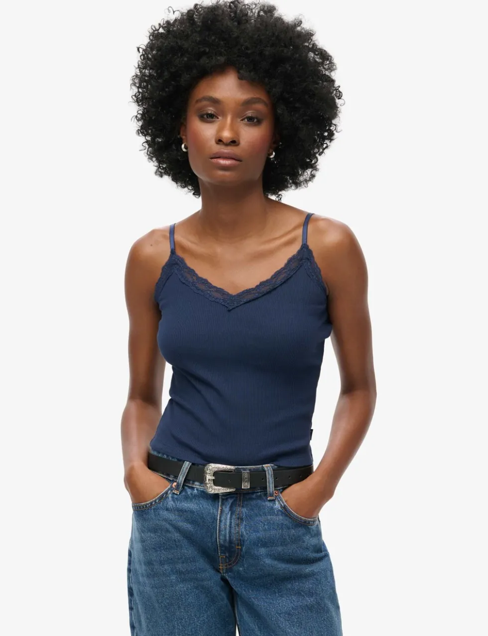 Pure Cotton Ribbed V-Neck Lace Trim Cami Top