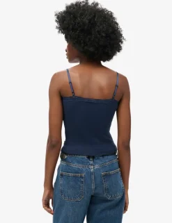 Pure Cotton Ribbed V-Neck Lace Trim Cami Top