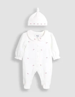 Pure Cotton Rosebud Sleepsuit and Hat Set (0-18 Mths)