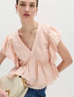 Pure Cotton Ruffle Embroidered Detail Blouse