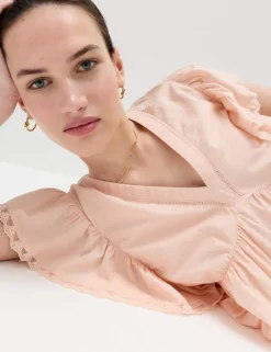 Pure Cotton Ruffle Embroidered Detail Blouse