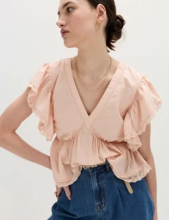 Pure Cotton Ruffle Embroidered Detail Blouse