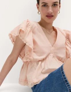 Pure Cotton Ruffle Embroidered Detail Blouse