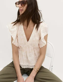 Pure Cotton Ruffle Embroidered Detail Blouse