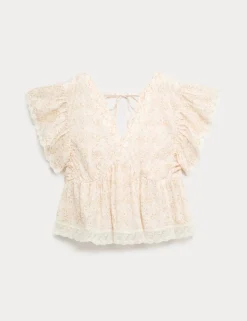 Pure Cotton Ruffle Embroidered Detail Blouse