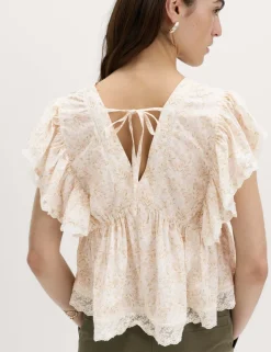 Pure Cotton Ruffle Embroidered Detail Blouse