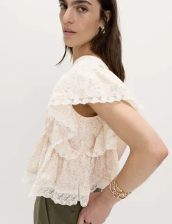 Pure Cotton Ruffle Embroidered Detail Blouse