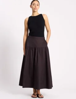 Pure Cotton Sateen Midi A-Line Skirt