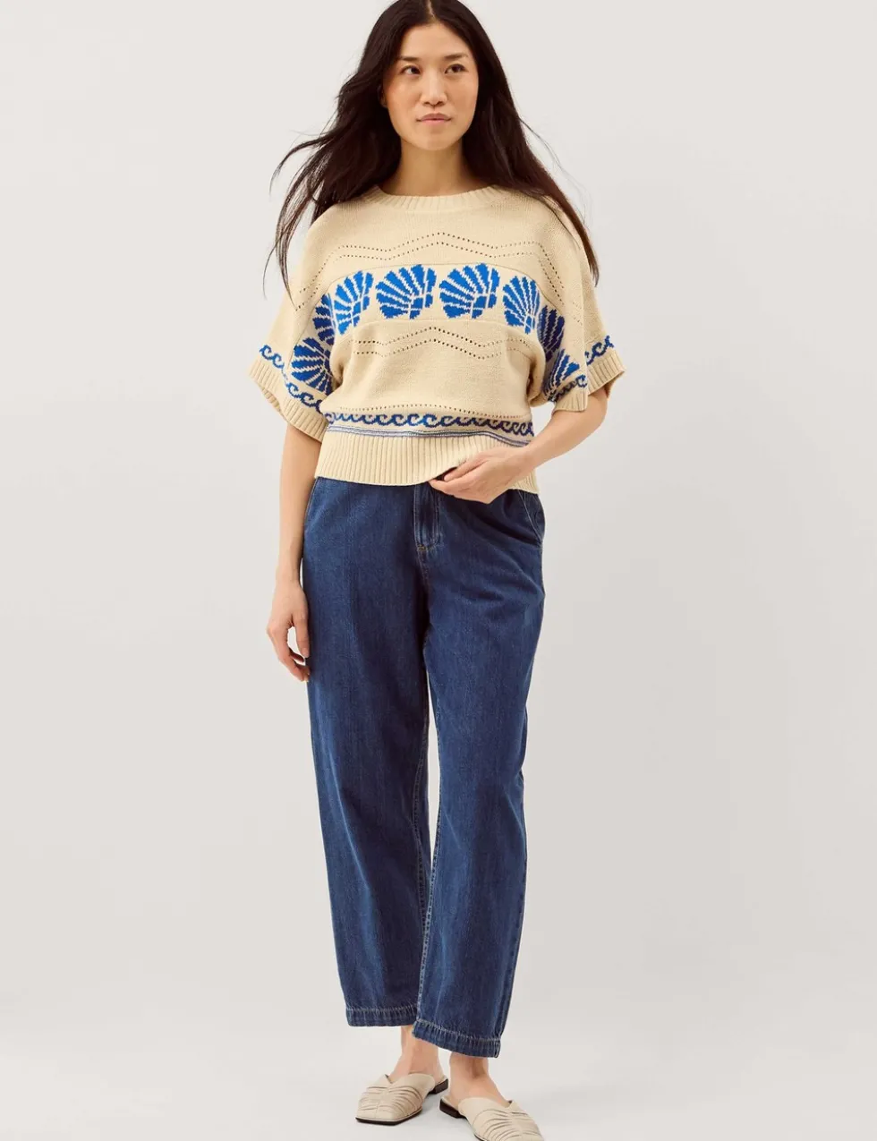 Pure Cotton Seashell Crew Neck Knitted Top