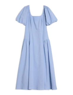 Pure Cotton Seersucker Puff Sleeve Midi Dress
