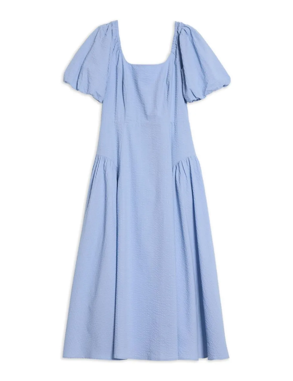 Pure Cotton Seersucker Puff Sleeve Midi Dress