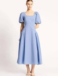 Pure Cotton Seersucker Puff Sleeve Midi Dress