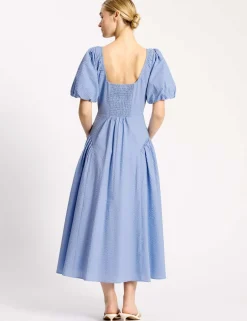 Pure Cotton Seersucker Puff Sleeve Midi Dress