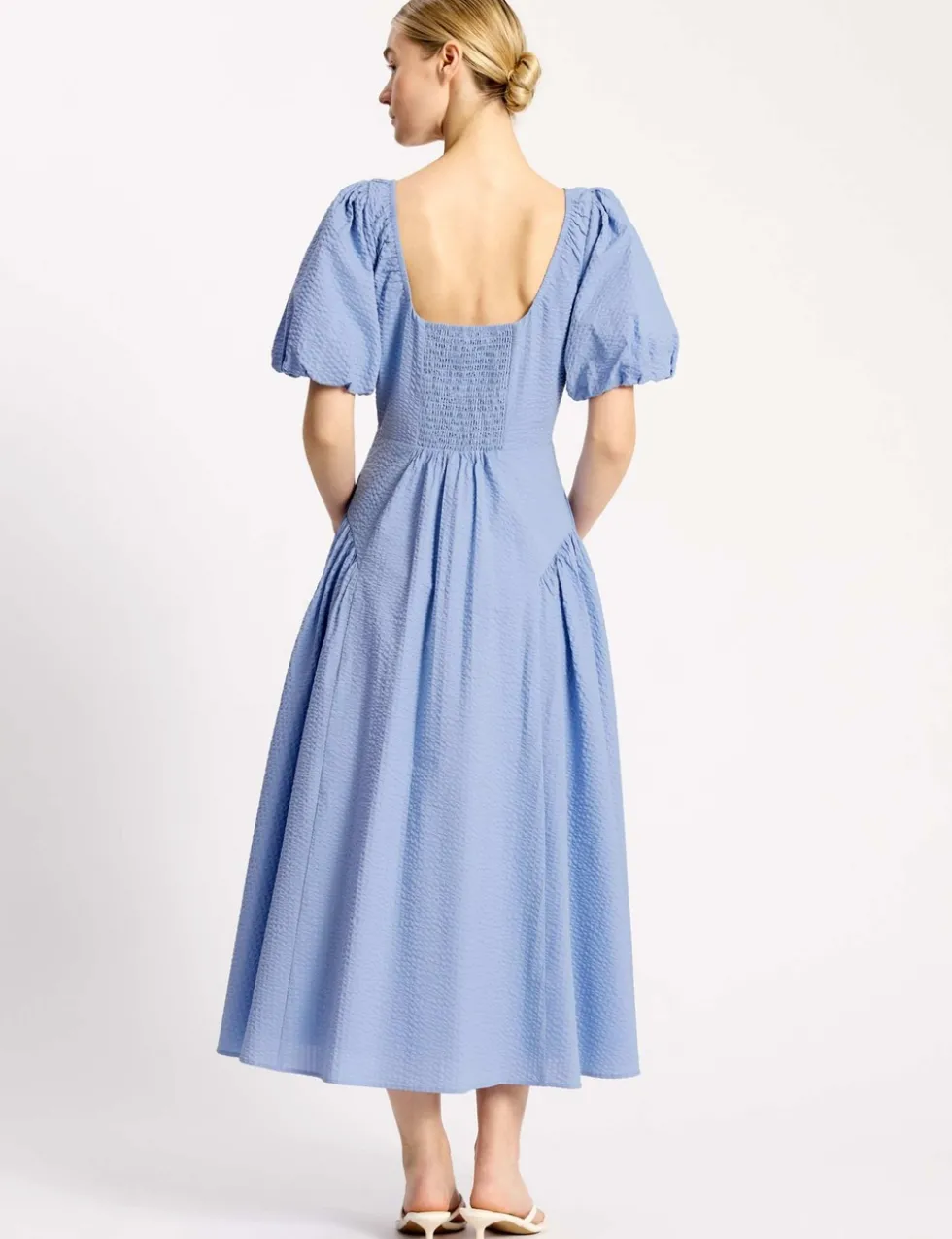 Pure Cotton Seersucker Puff Sleeve Midi Dress